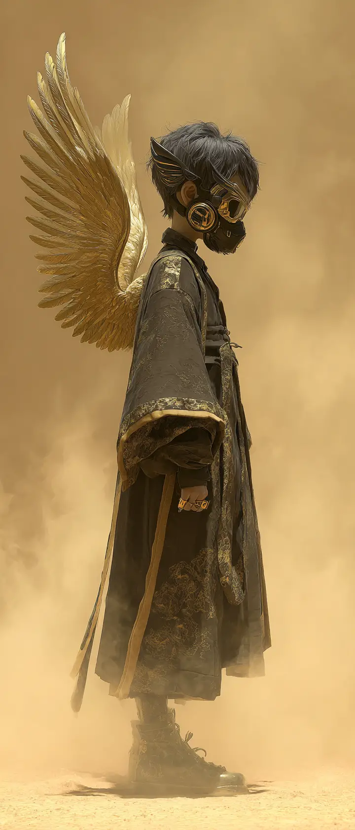 Angelic and demonic winged child in a desert sandstorm