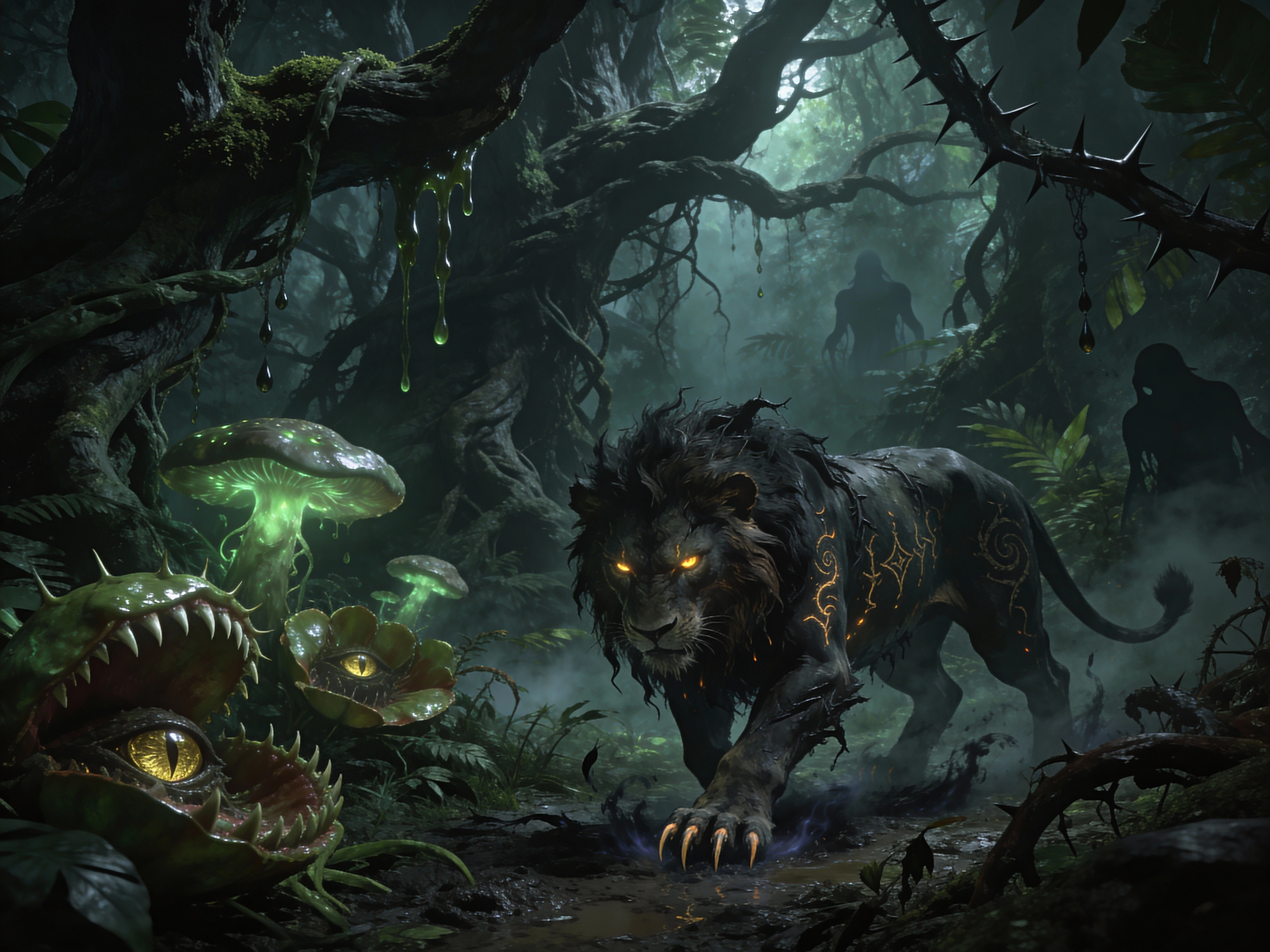 Possessed lion stalking through a sinister fantasy jungle