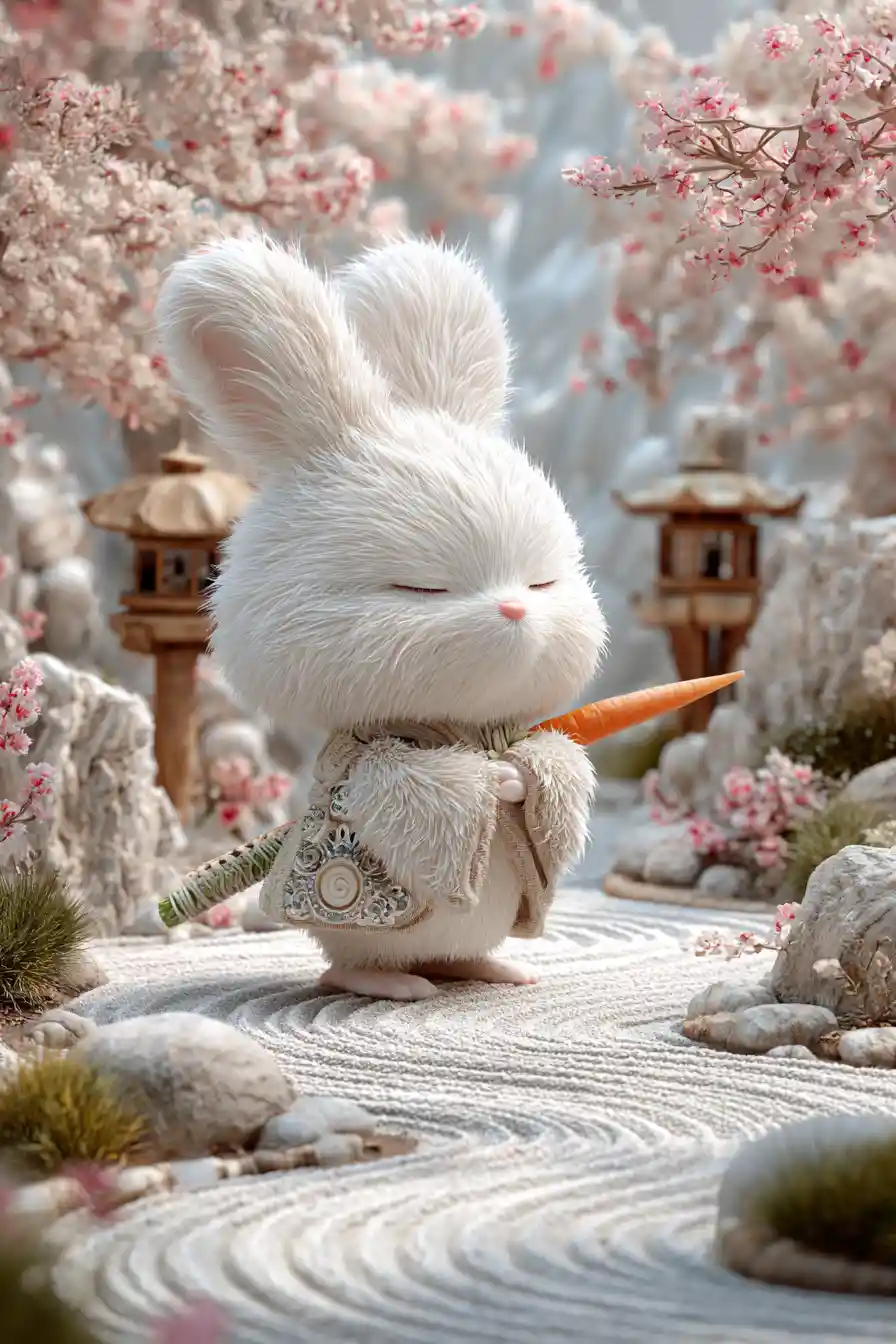 White Samurai Rabbit Meditating In A Tranquil Zen Garden