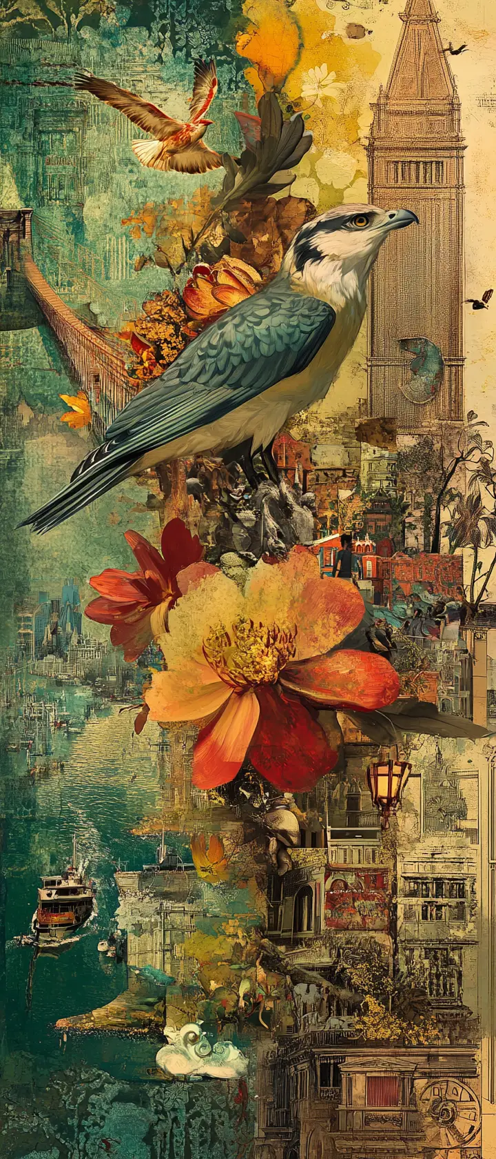 Eagle In Flight Above Flower In Yellow Green Collage