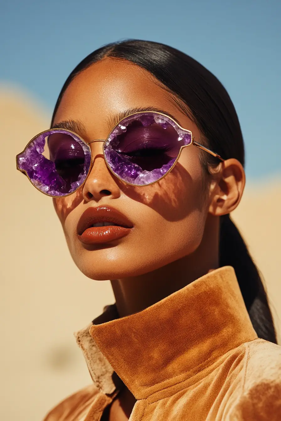 Low angle portrait of woman with geode sunglasses
