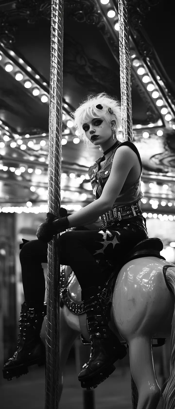 Platinum blonde punk woman on carousel horse in city