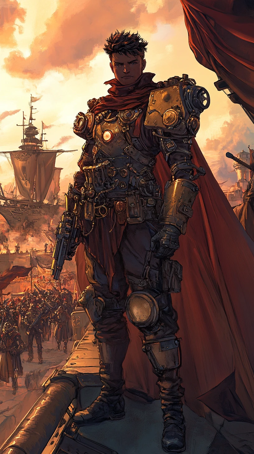 Steampunk fantasy warriors in mechanical armor under soft light