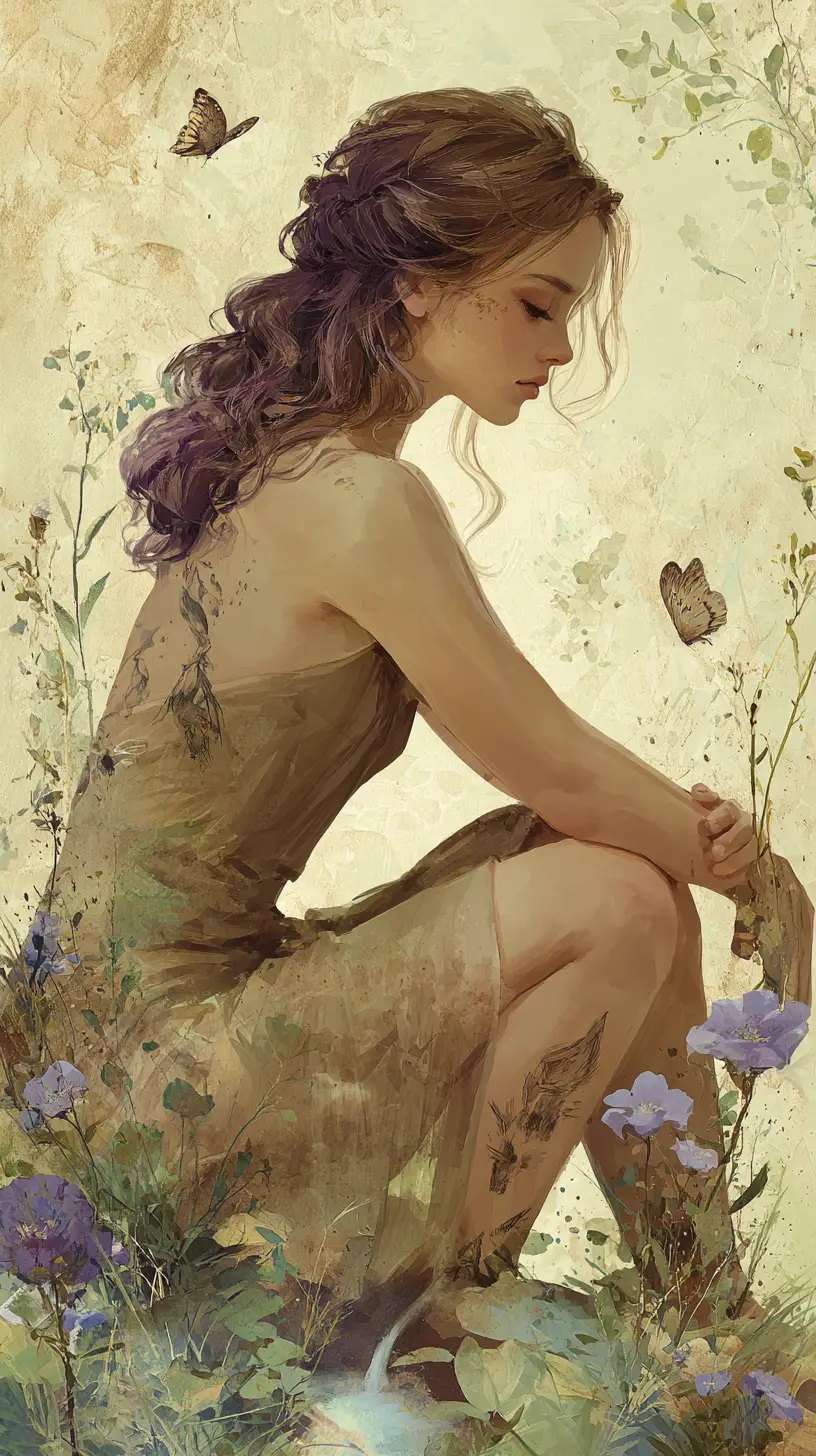 Woman meditating by a tranquil pastel lakeside waterfall