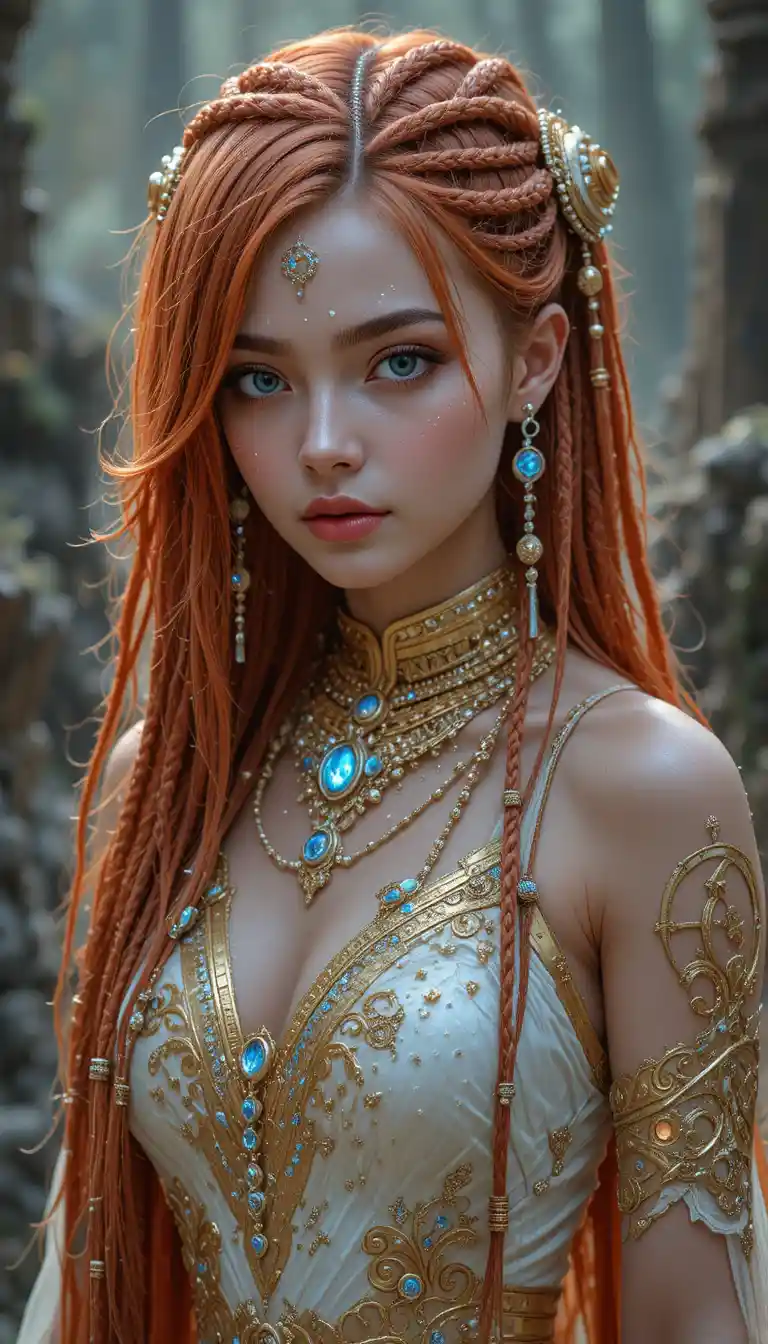 Alien priestess in glowing rune sleeveless ceremonial outfit