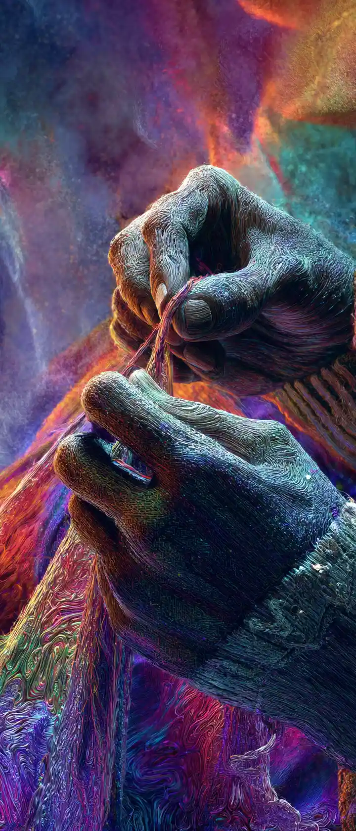 Close up of hands weaving glowing multicolored fabric