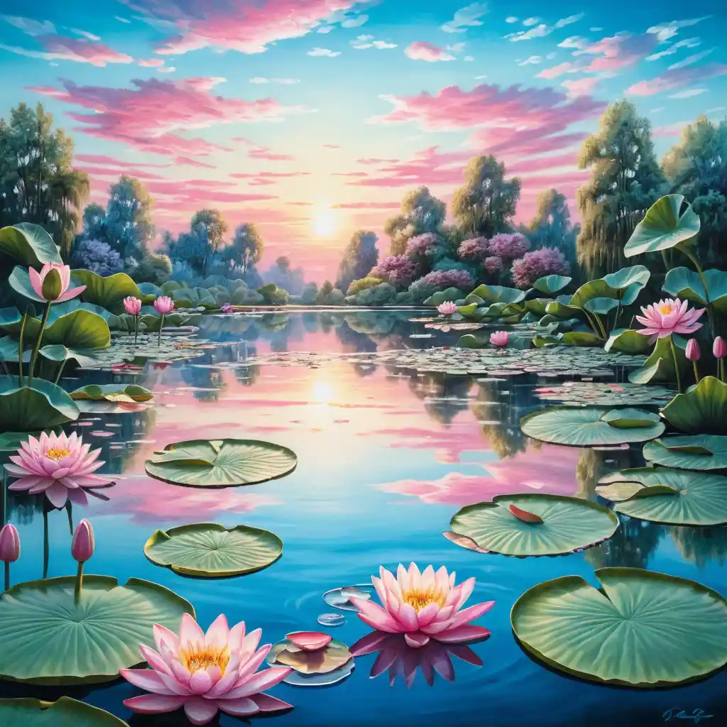 Surreal Summer Lake With Pink Water Lilies At Sunrise