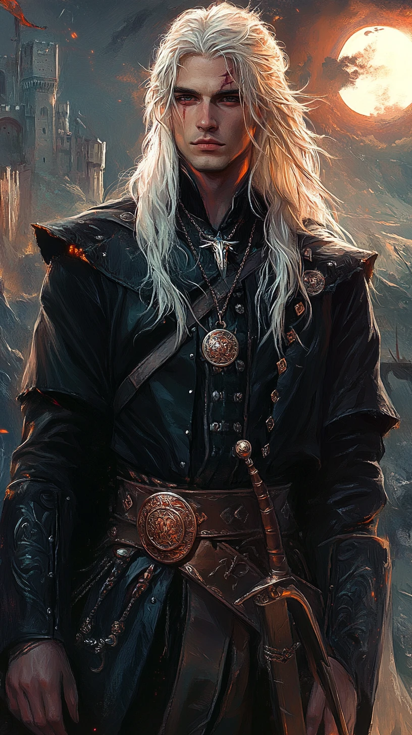 White haired warrior man with sword under the full moon