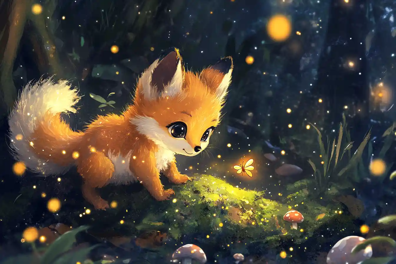 Cute baby fox reaching for a glowing firefly