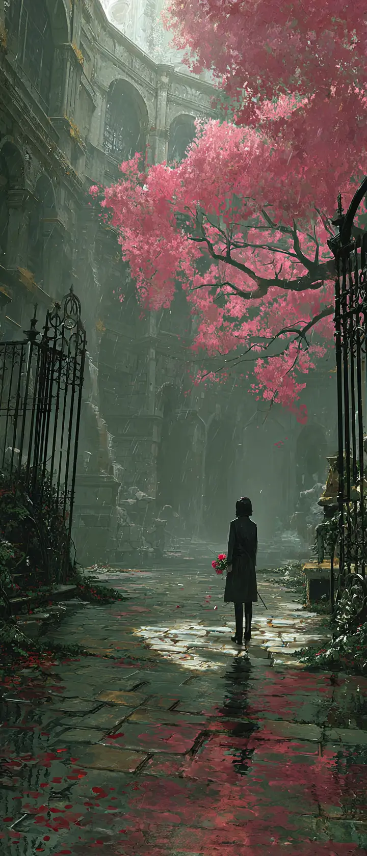 Lone figure in rain soaked ruins with fading flower