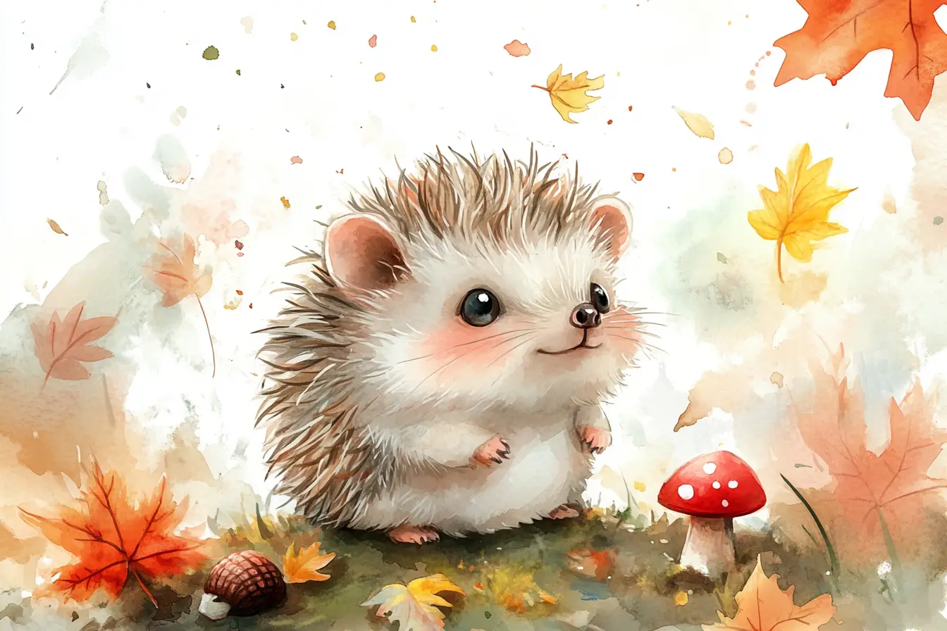 Cute Baby Hedgehog Watercolor In A Forest Floor Scene