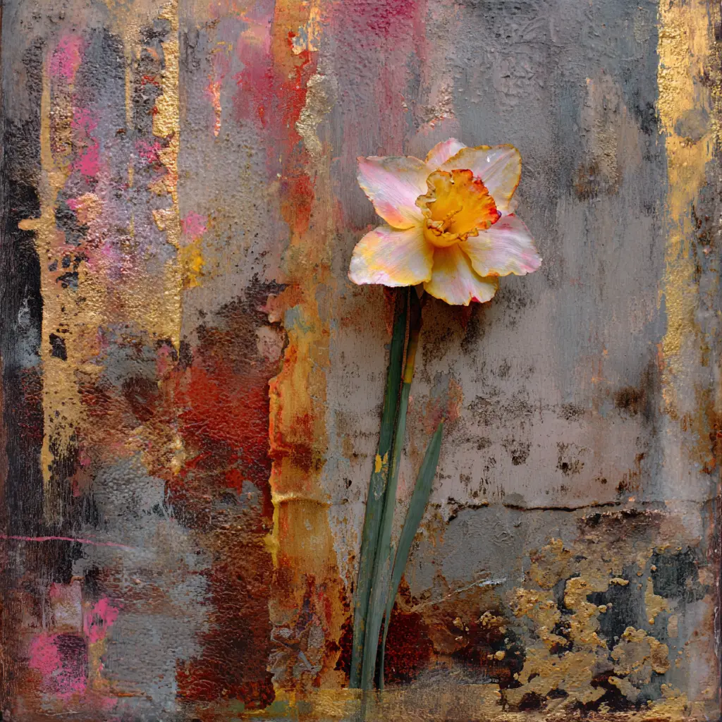 Abstract wabi sabi art with central daffodil flower