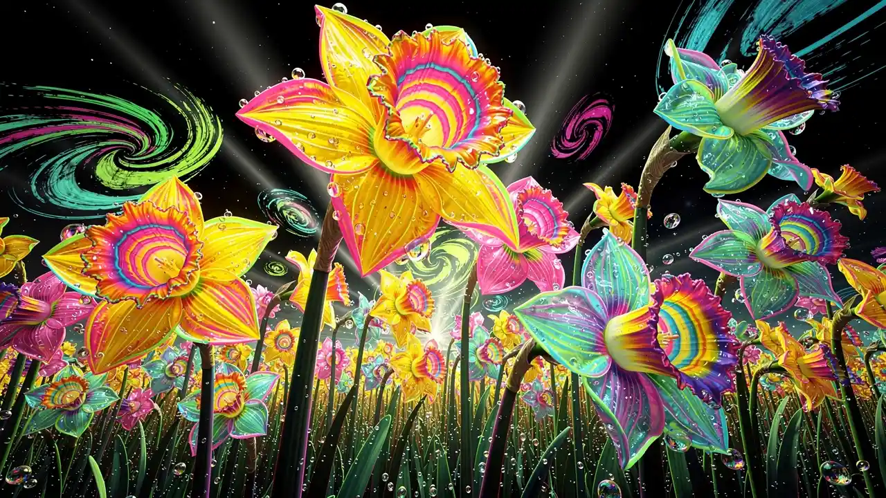 Surreal neon field of giant psychedelic daffodil flowers