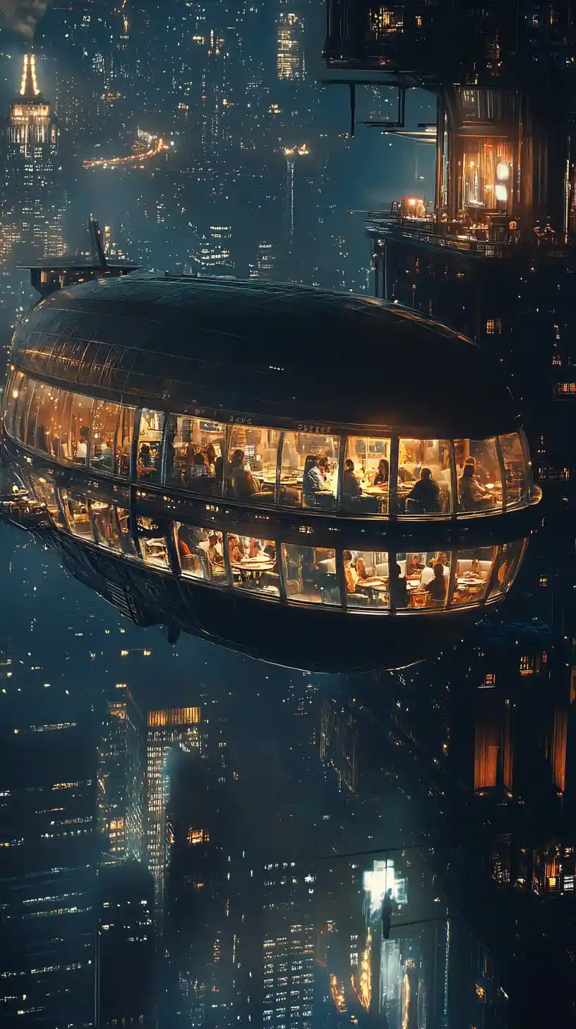 Close up airship windows glowing above a night city