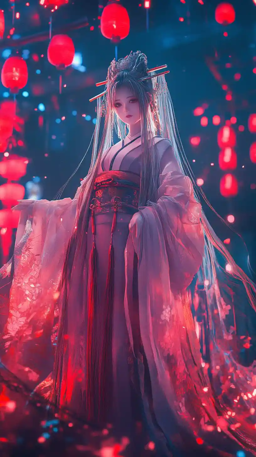 Mythical Japanese goddess rising in neon dreamscape