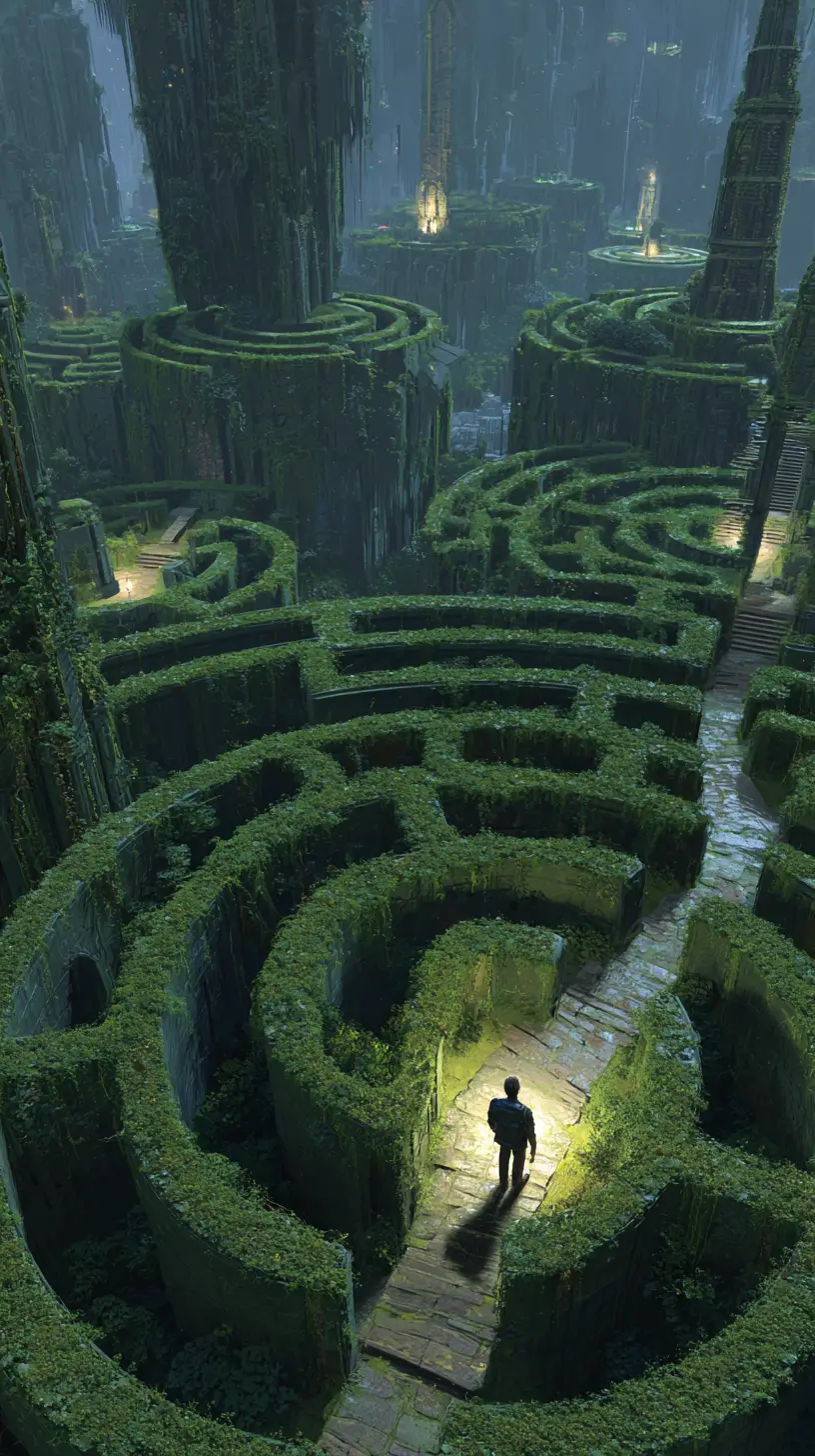 Man Exploring Circular Forest Labyrinth By Lantern Light