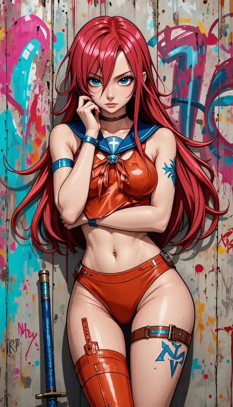 Anime girl with crimson hair leaning by a subway wall
