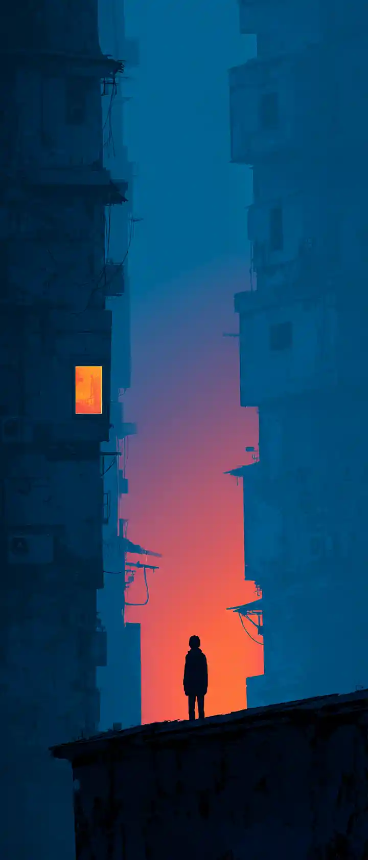 Minimalist Silhouette Figure Against Decaying Retro Cityscape