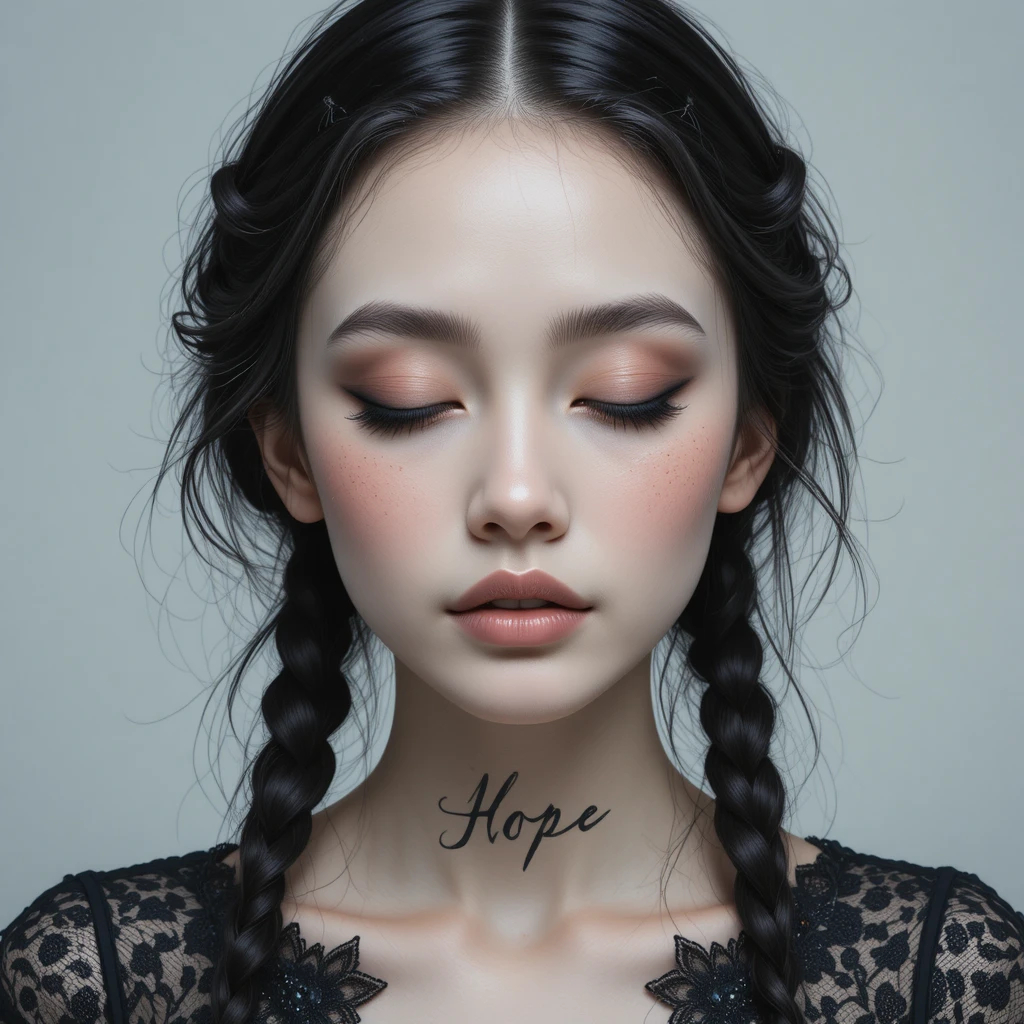 Mystical portrait of a pale woman with hope tattoo