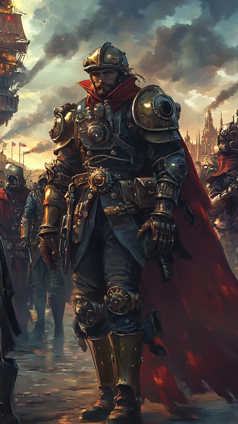 Steampunk fantasy warriors with mechanical bodies in soft light