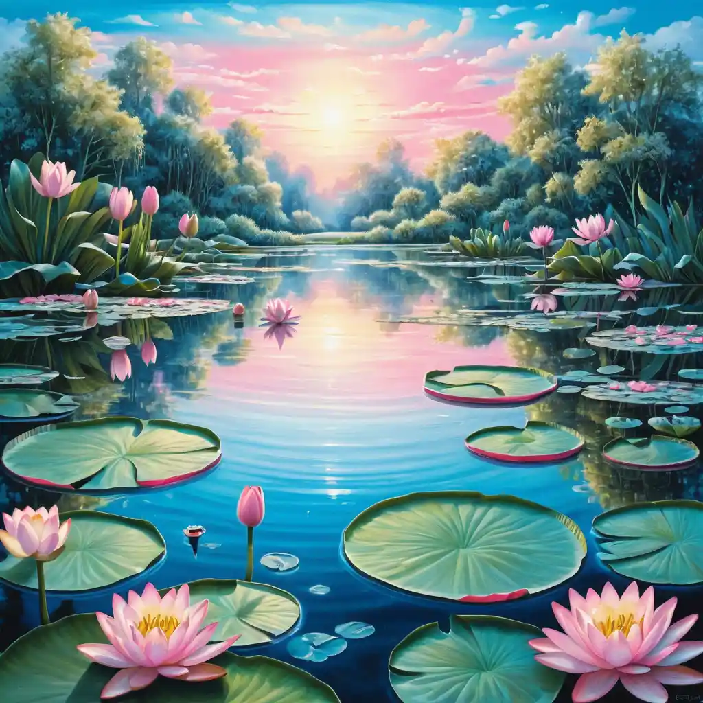 Lago surreale all’alba con ninfee rosa in delicate tonalità pastello