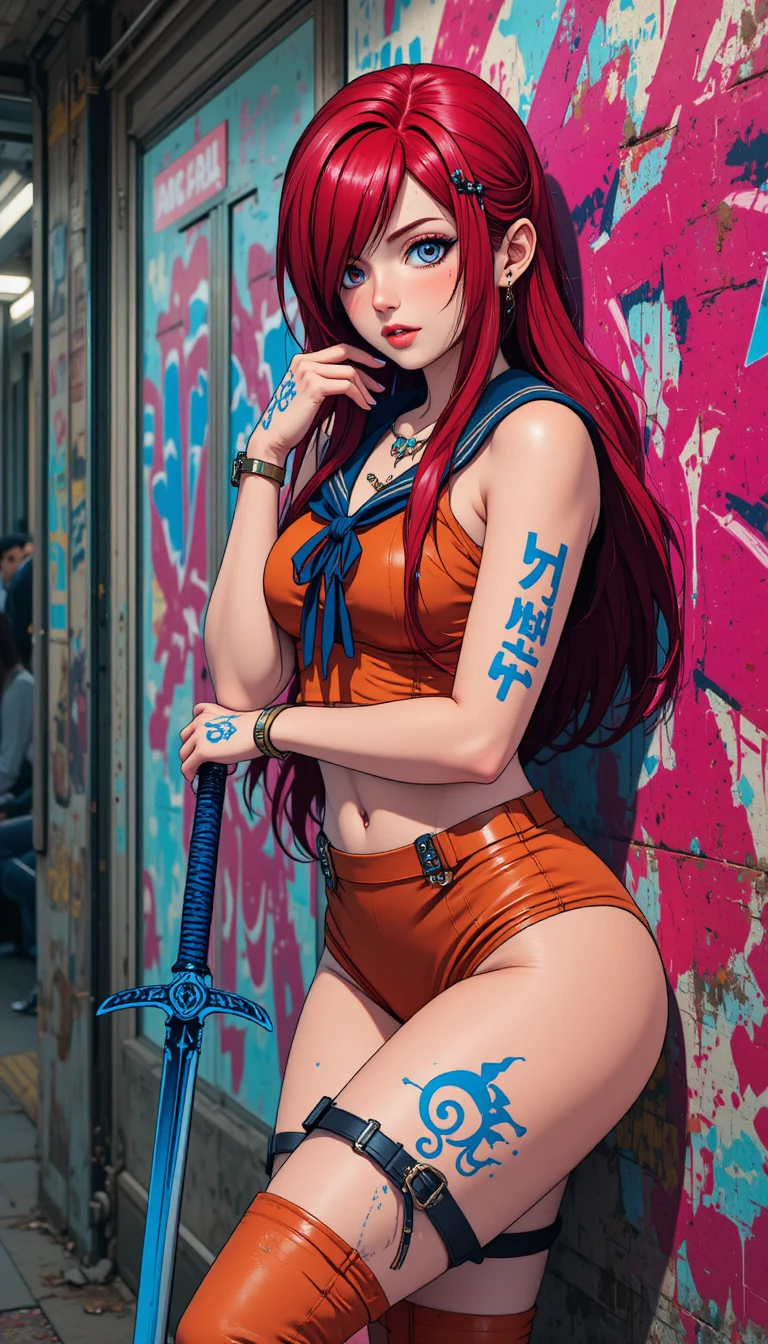 Anime girl with crimson hair leaning against subway wall