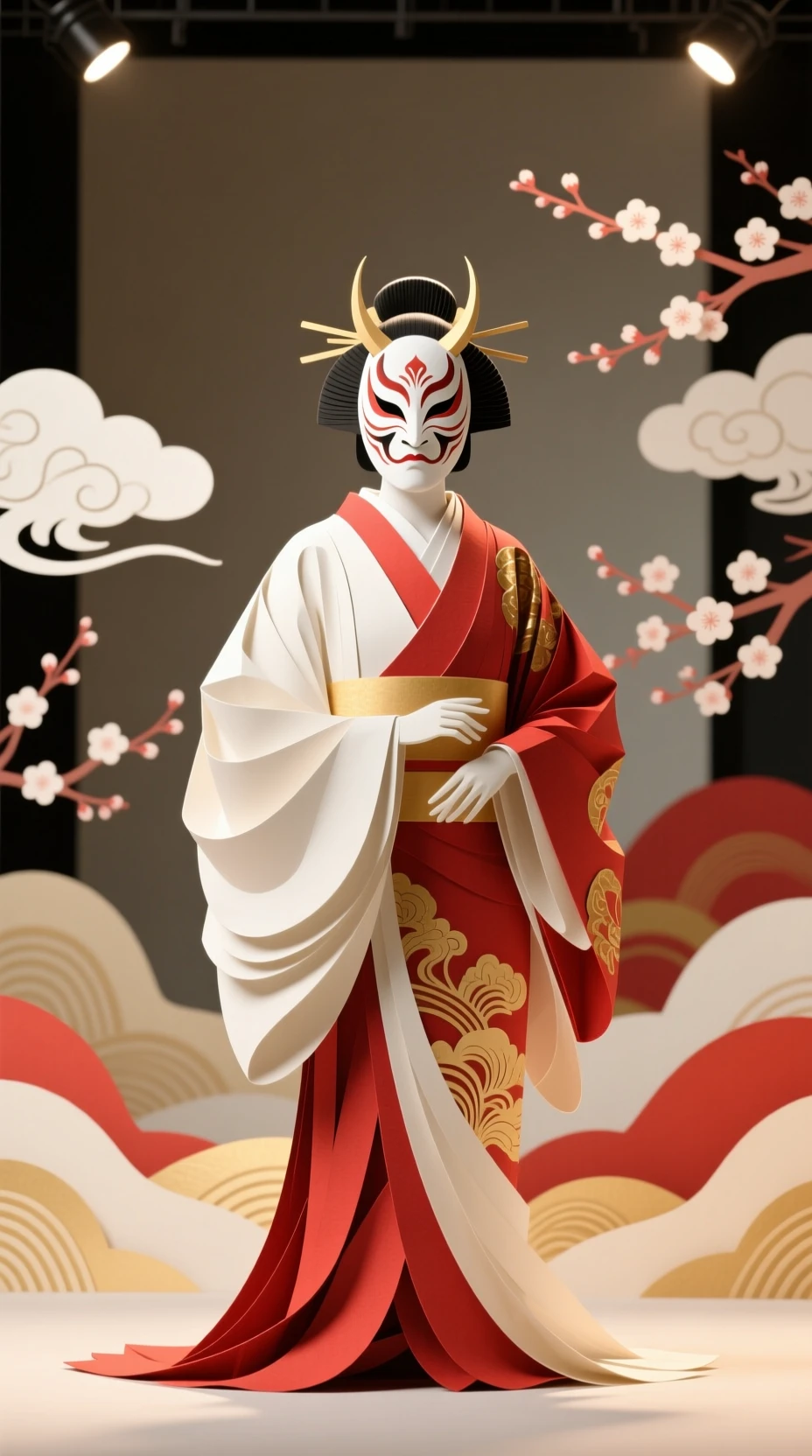 Kabuki performer in poetic layered paper cut illustration