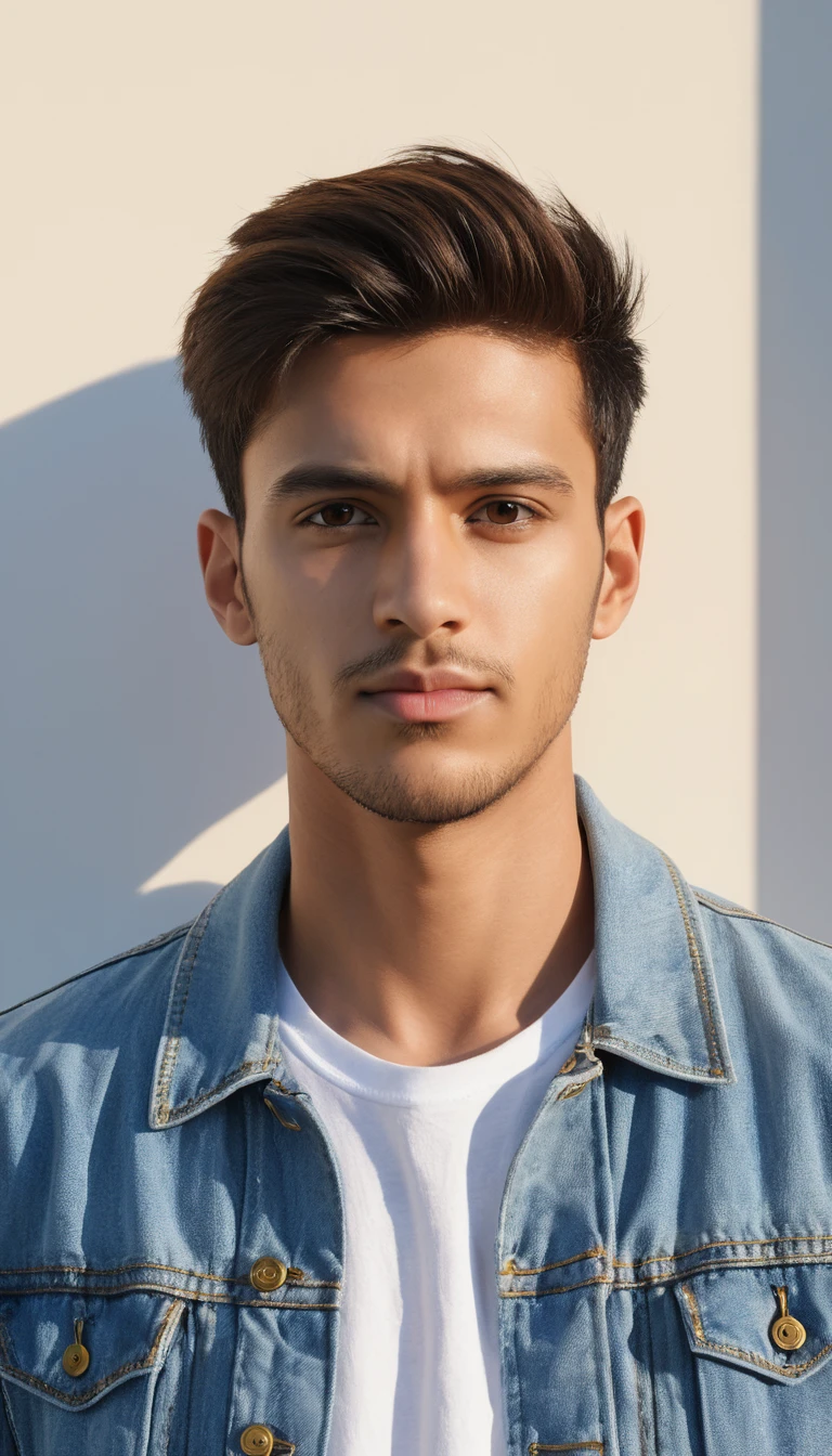 Cinematic portrait of a woman in denim jacket and t shirt