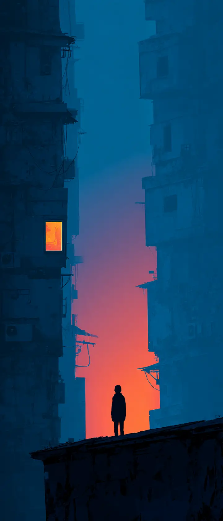 Minimalist Silhouette Figure Against Decaying Retro Cityscape