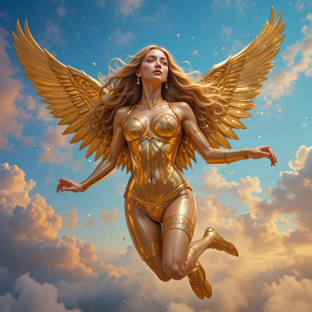 Estátua dourada de mulher voando por um céu fantasioso e colorido