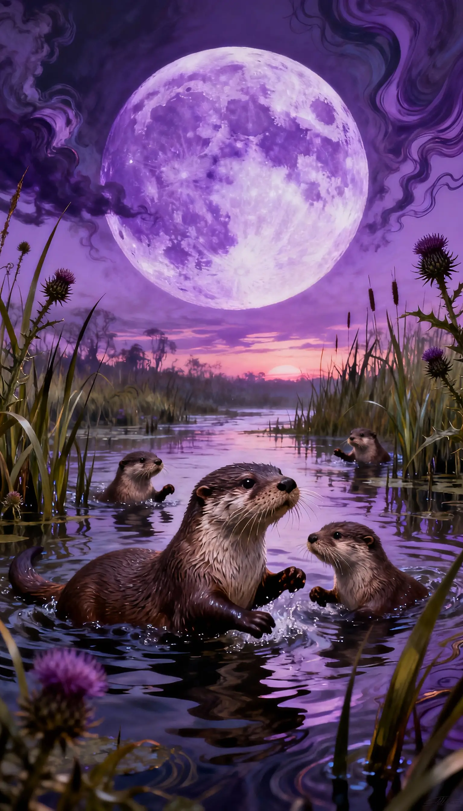 Otter family playing under a lavender full moon
