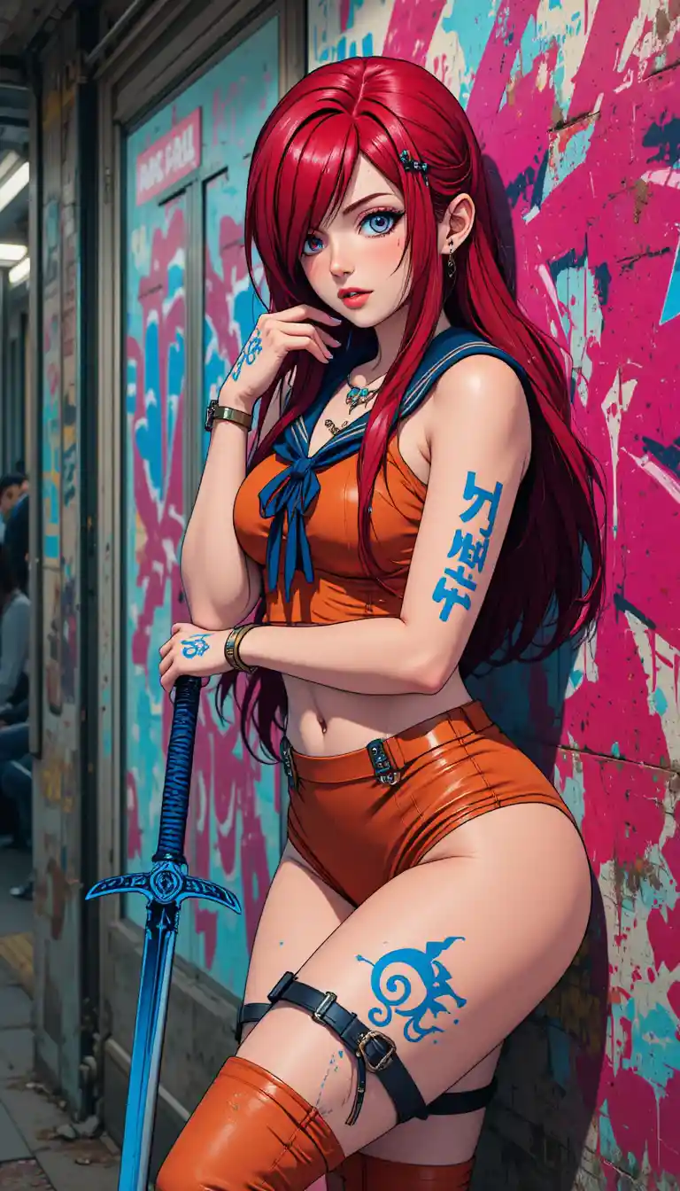 Anime girl with crimson hair leaning against subway wall