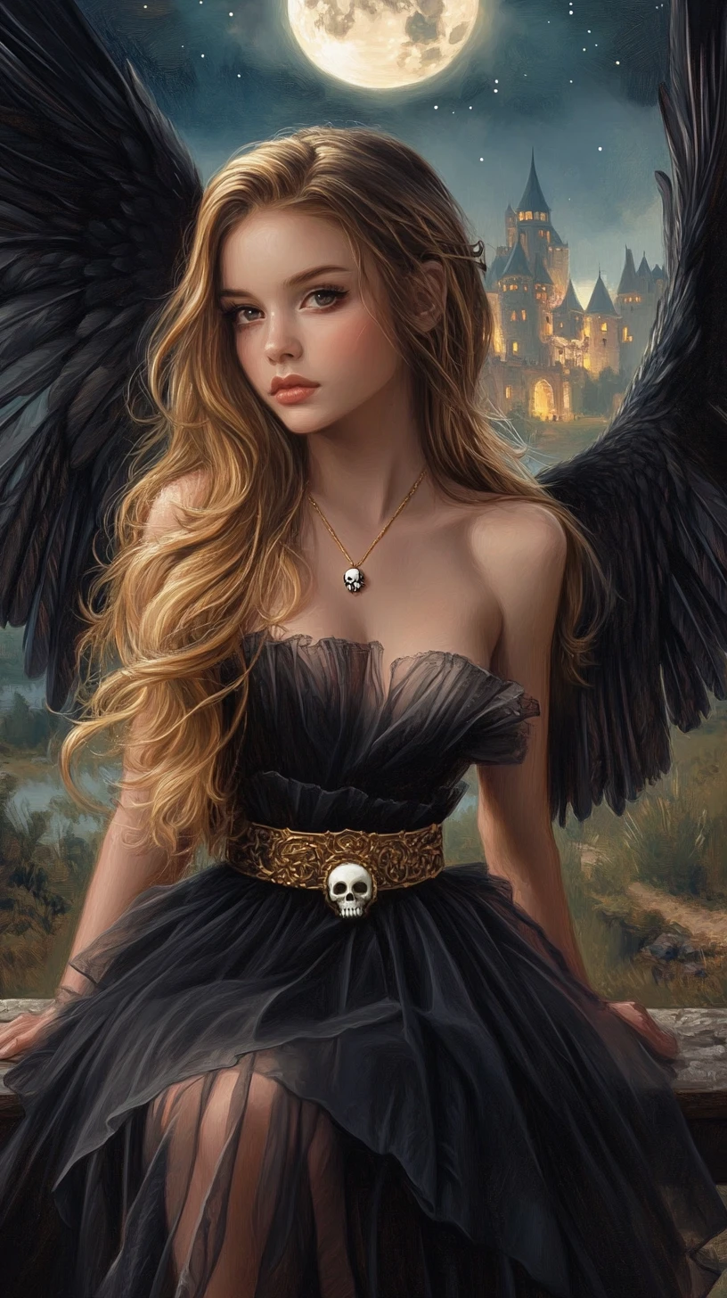 Dark angel woman on a bridge under the full moon