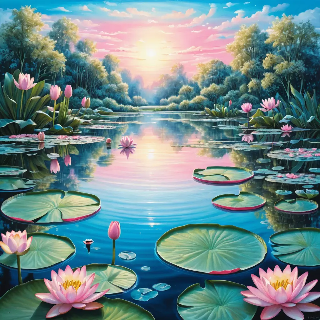 Surreal sunrise lake with pink water lilies in pastel hues