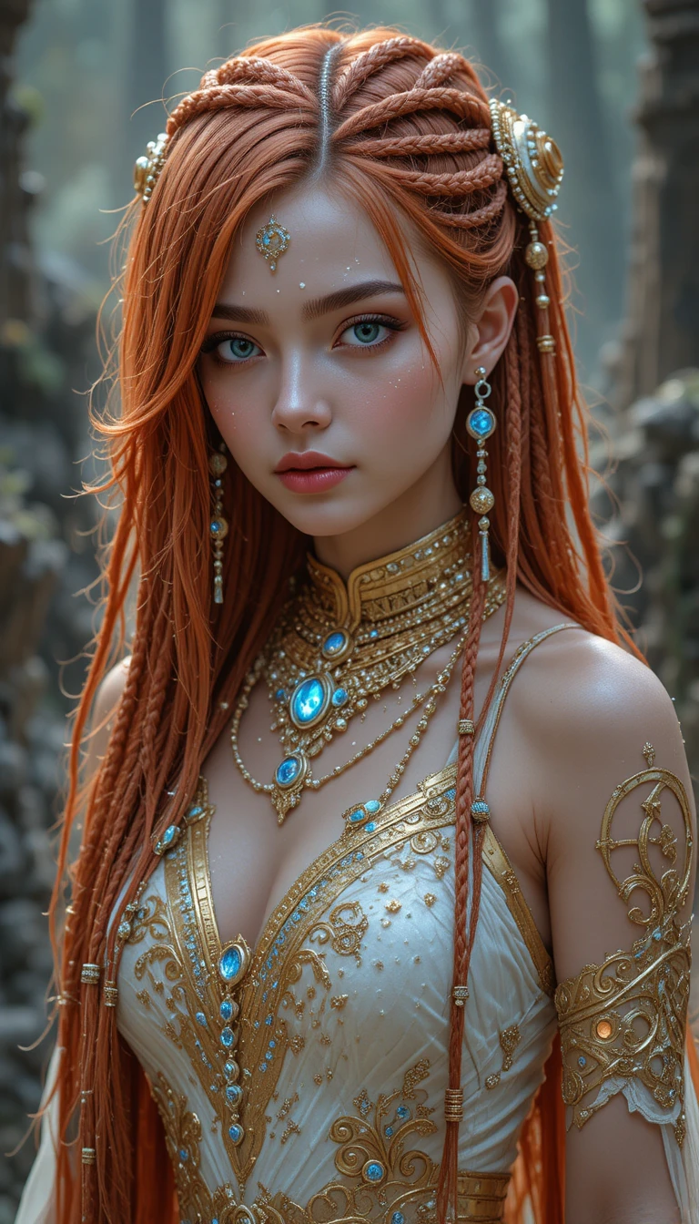 Alien priestess in glowing rune sleeveless ceremonial outfit