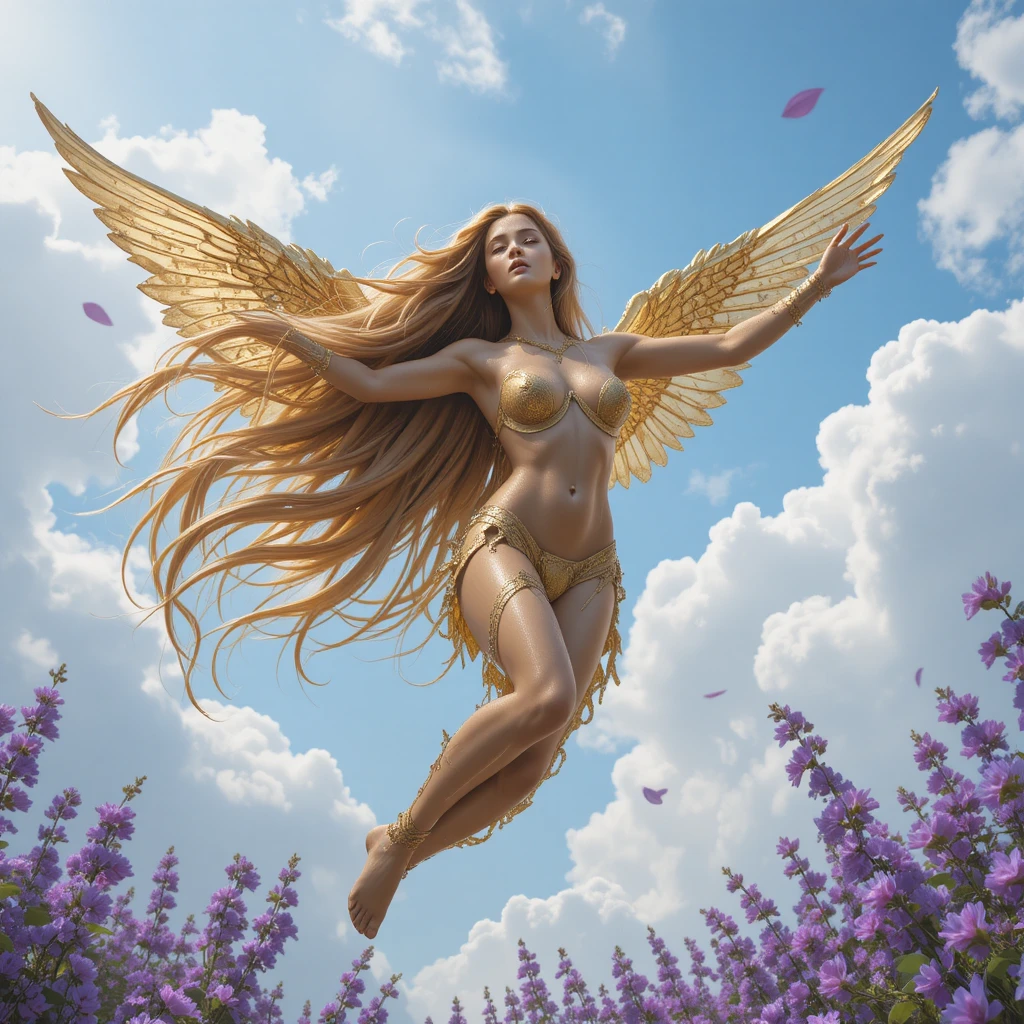 Statua dorata di donna che vola in un cielo di fiori viola