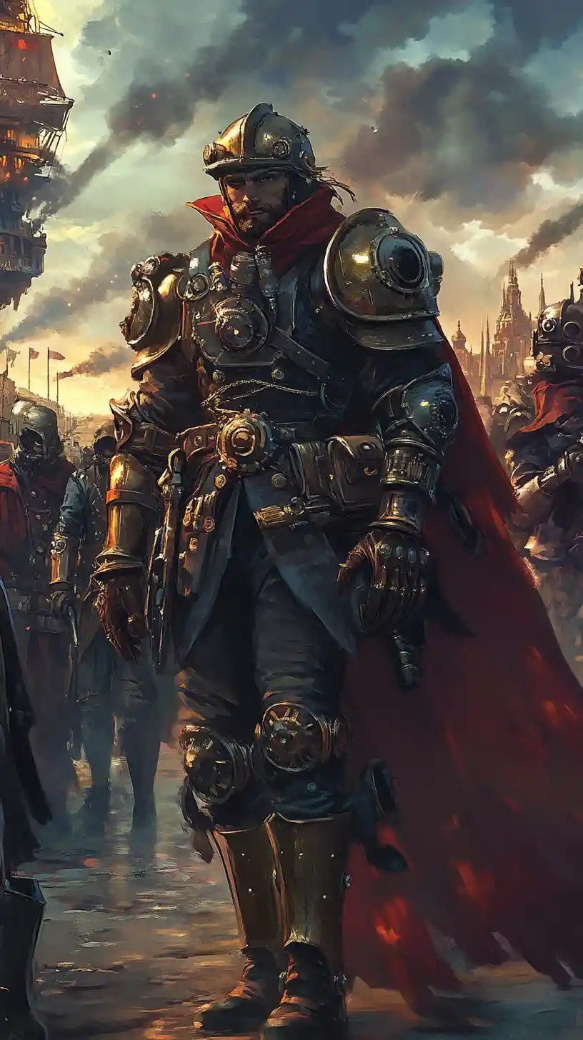 Steampunk fantasy warriors with mechanical bodies in soft light