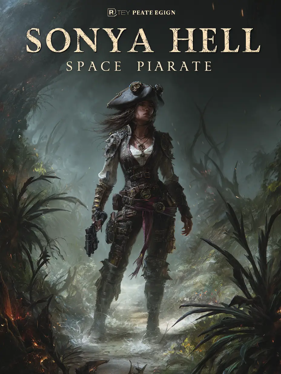 Female space pirate on alien shore movie poster illustration
