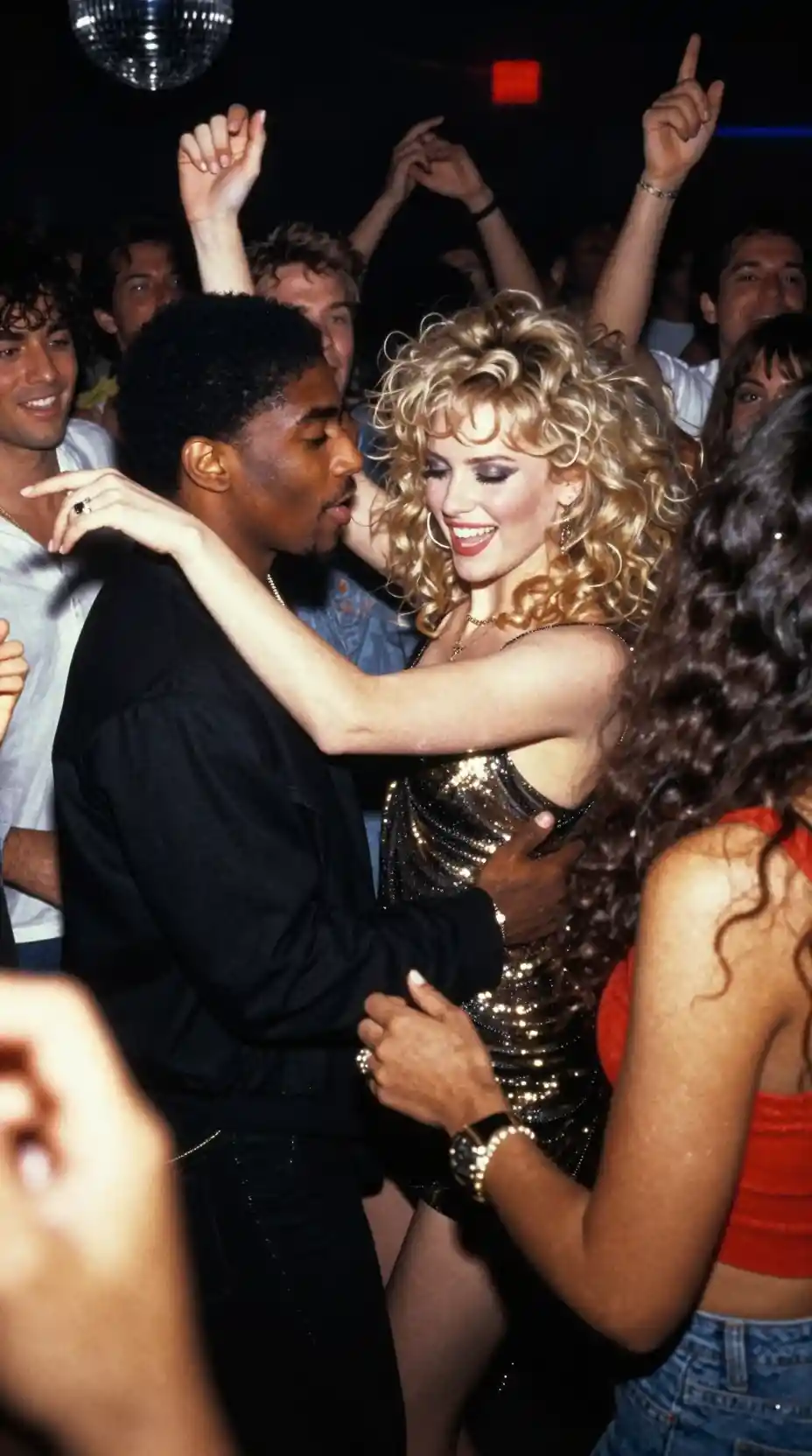 Woman dancing in a crowded 1980s nightclub scene