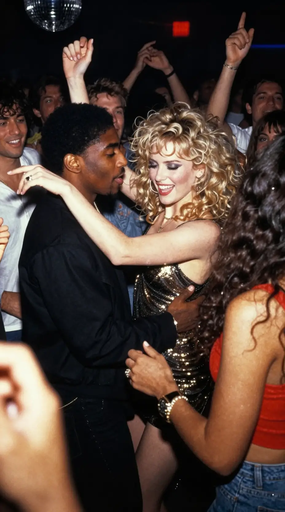 Woman dancing in a crowded 1980s nightclub scene