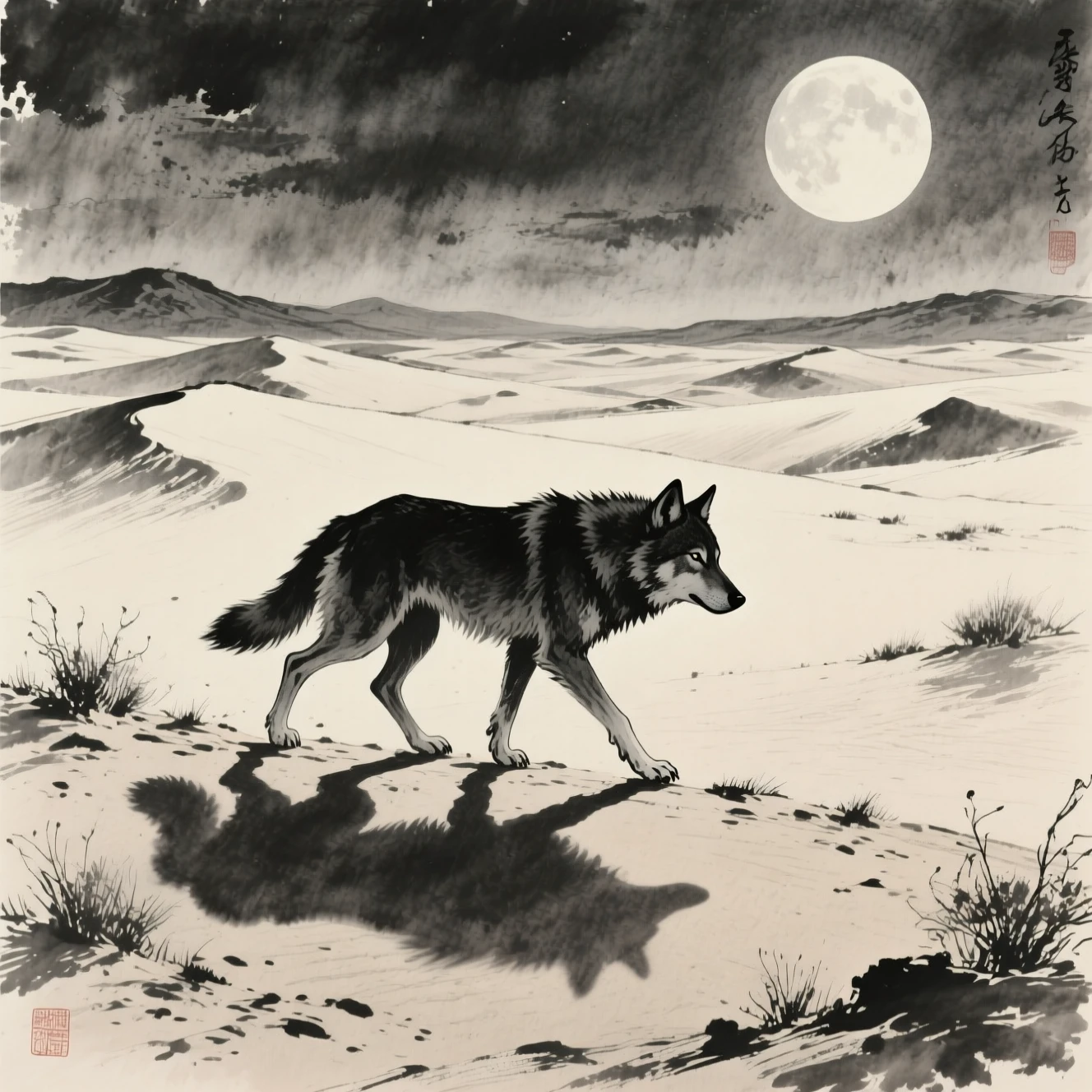 Lupo solitario che attraversa un deserto al chiaro di luna in stile inchiostro