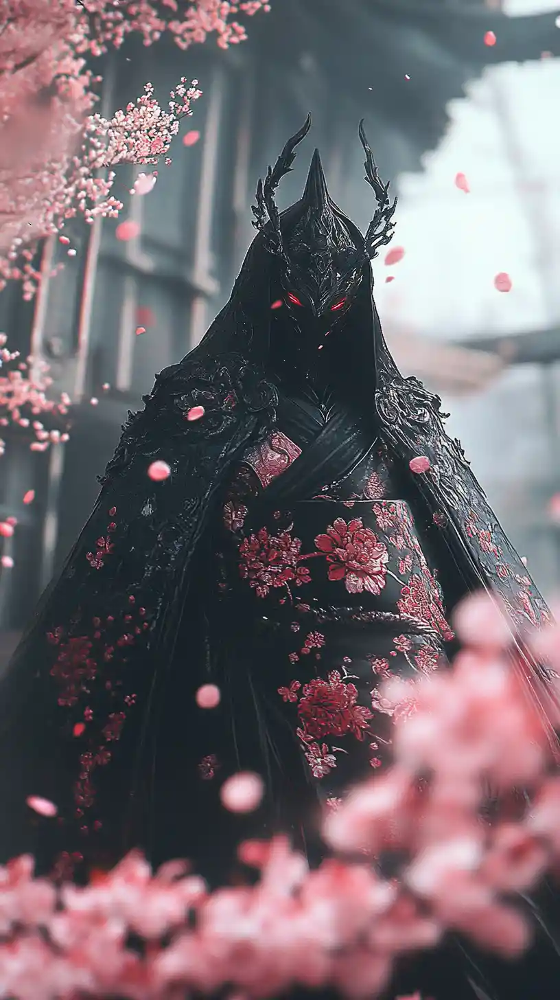 Masked oni woman in cherry blossoms above japanese street