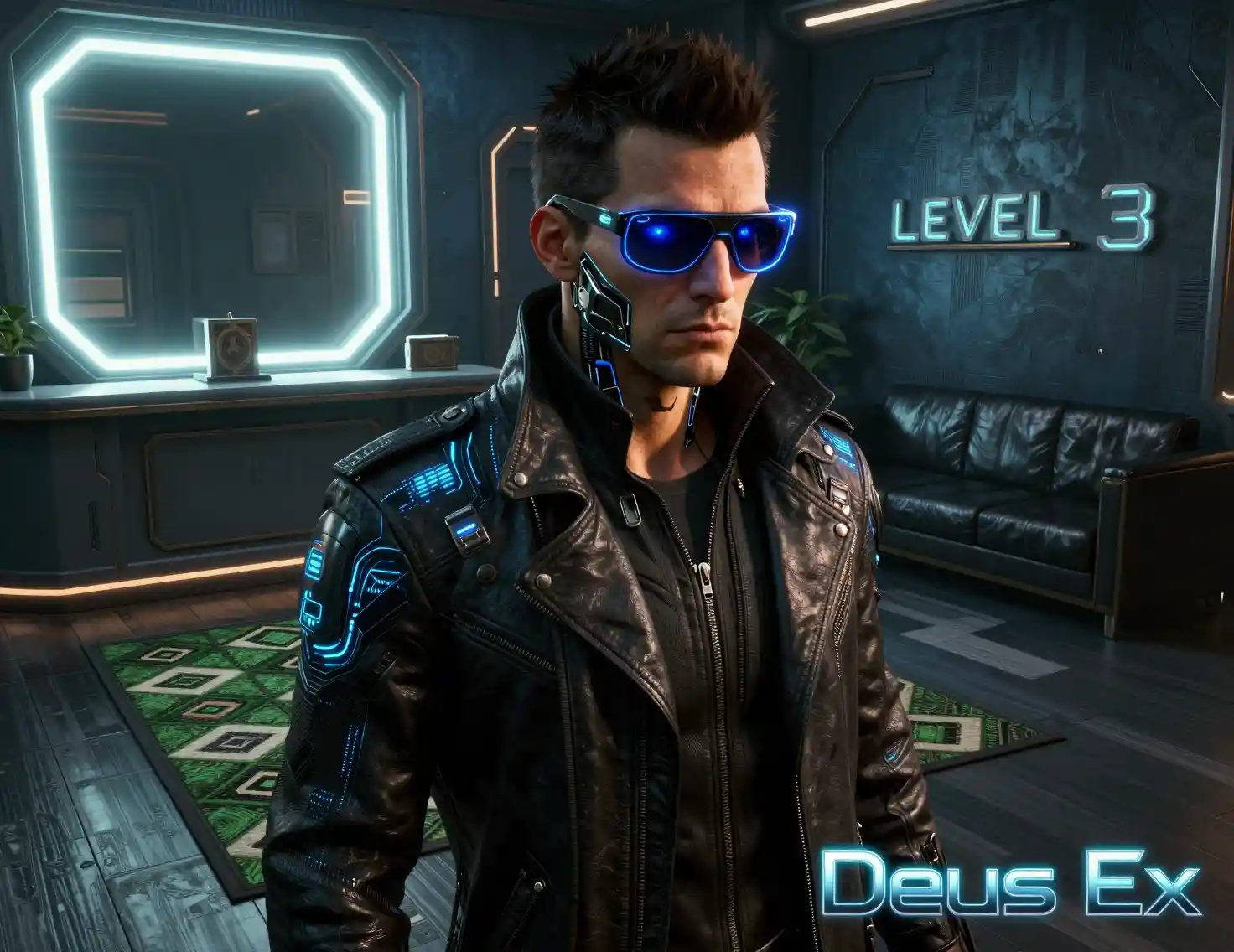 Détective cyberpunk dans le hall futuriste éclairé au néon