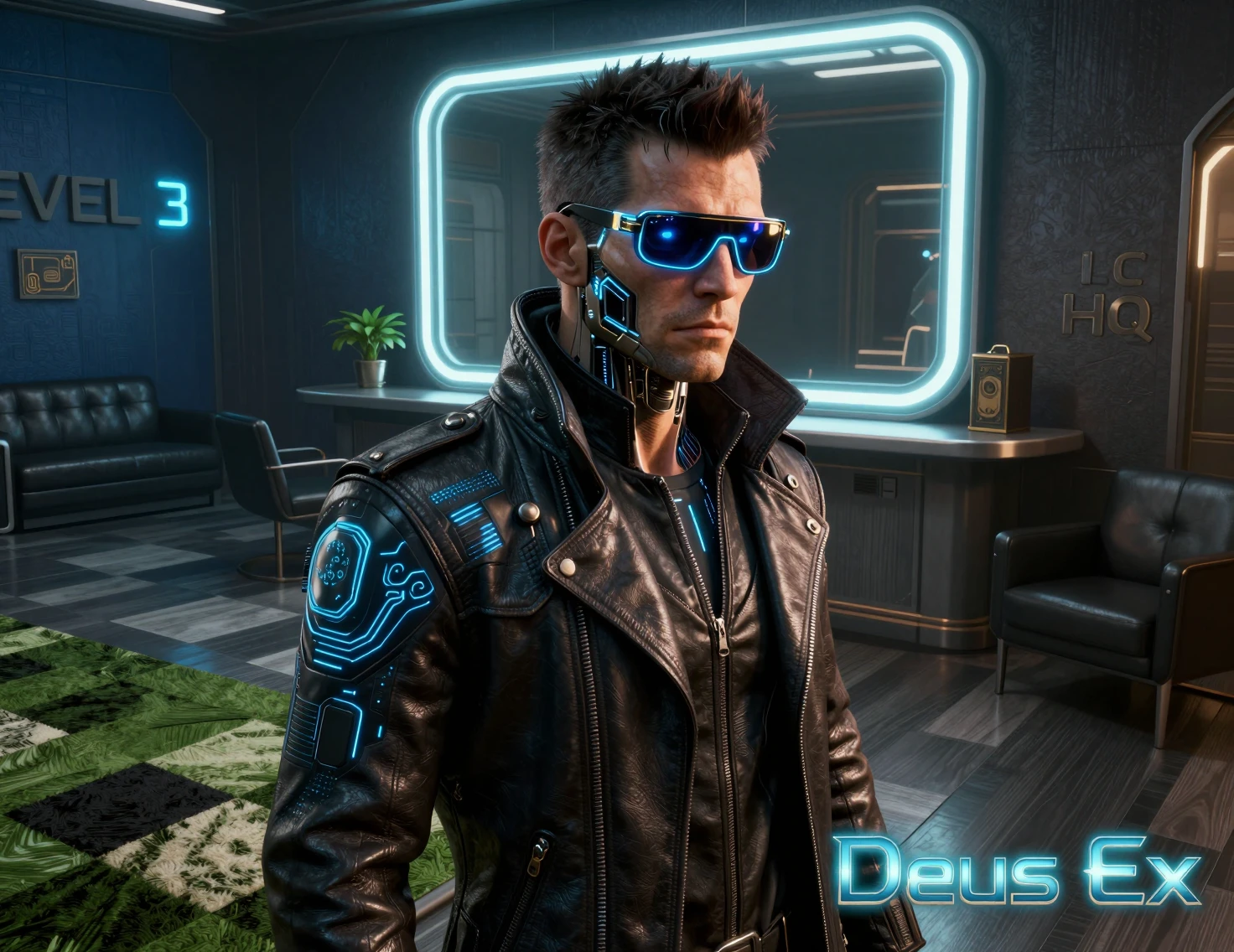 Cyberpunk detective with neon implants in futuristic lobby