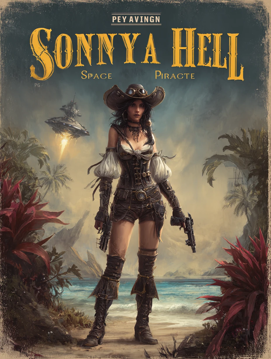 Female space pirate on alien shore with jungle and ship