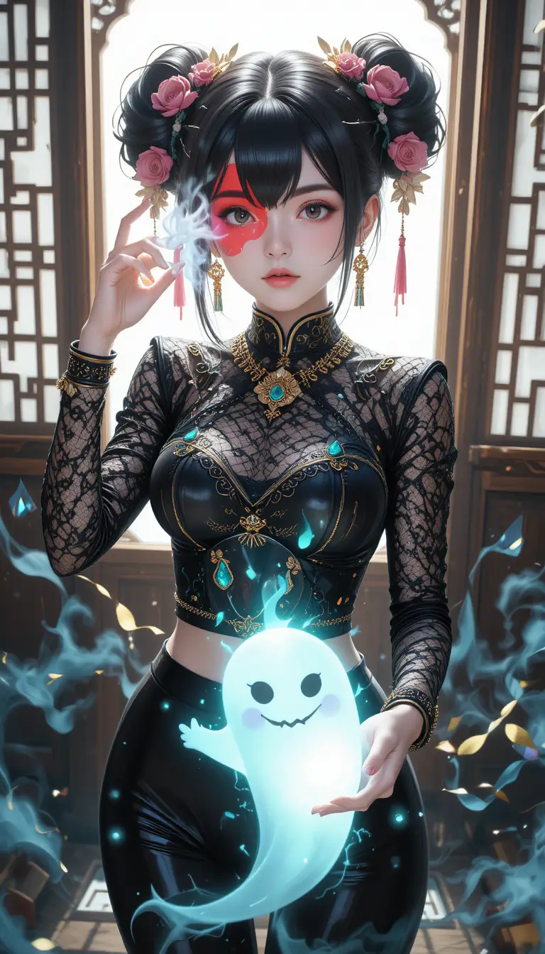 Occult anime woman with ghostly charm in cheongsam