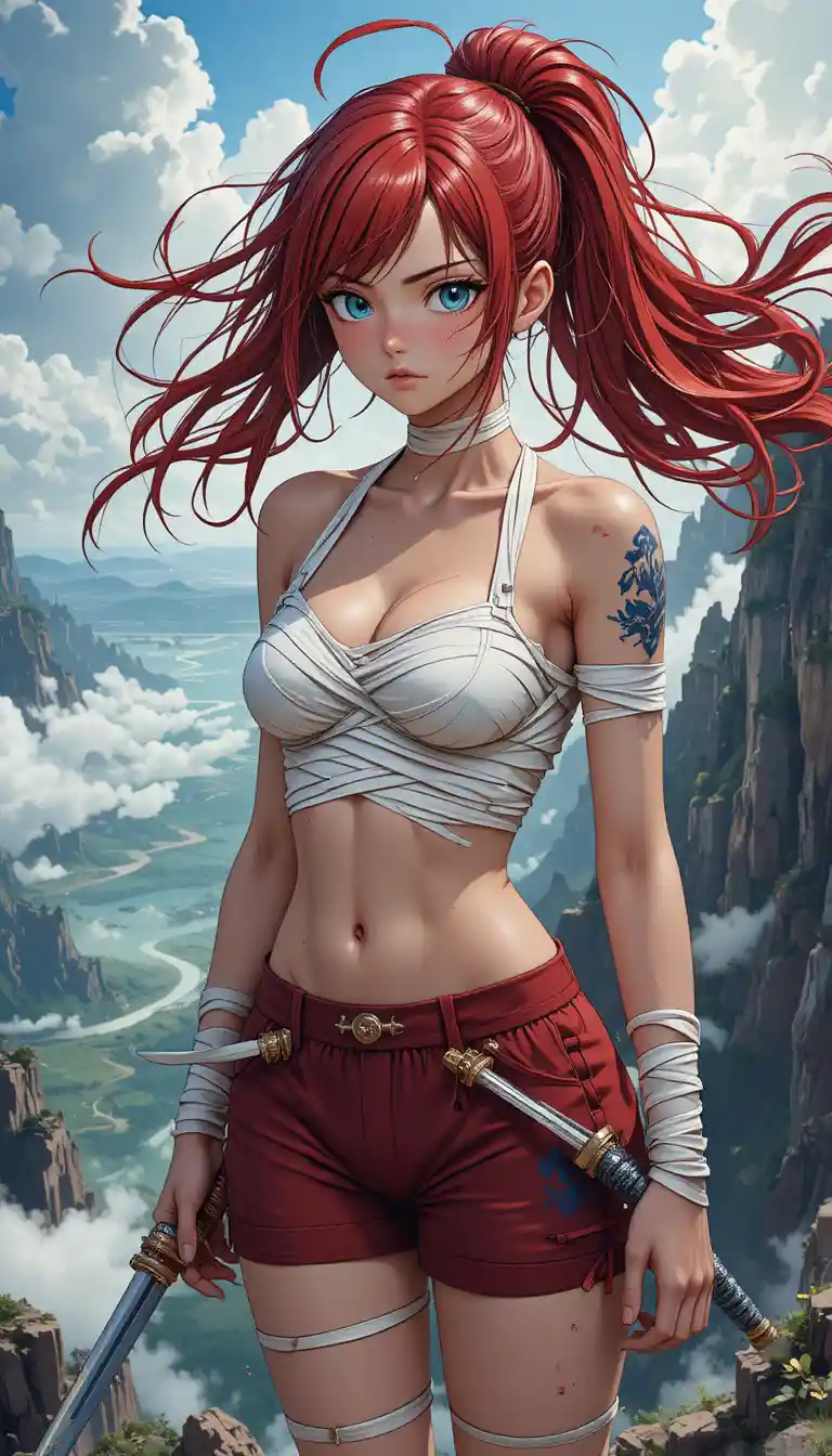 Red haired anime warrior woman on a windy cliff edge