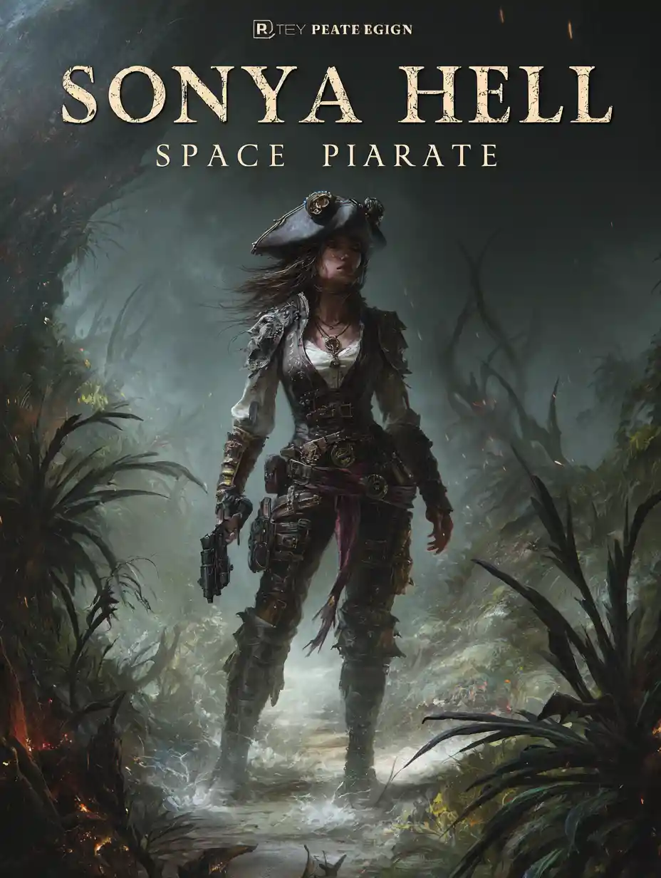 Female space pirate on alien shore movie poster illustration