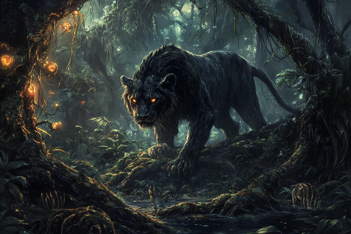 Besessener Löwe streift durch einen finsteren Fantasy-Dschungel