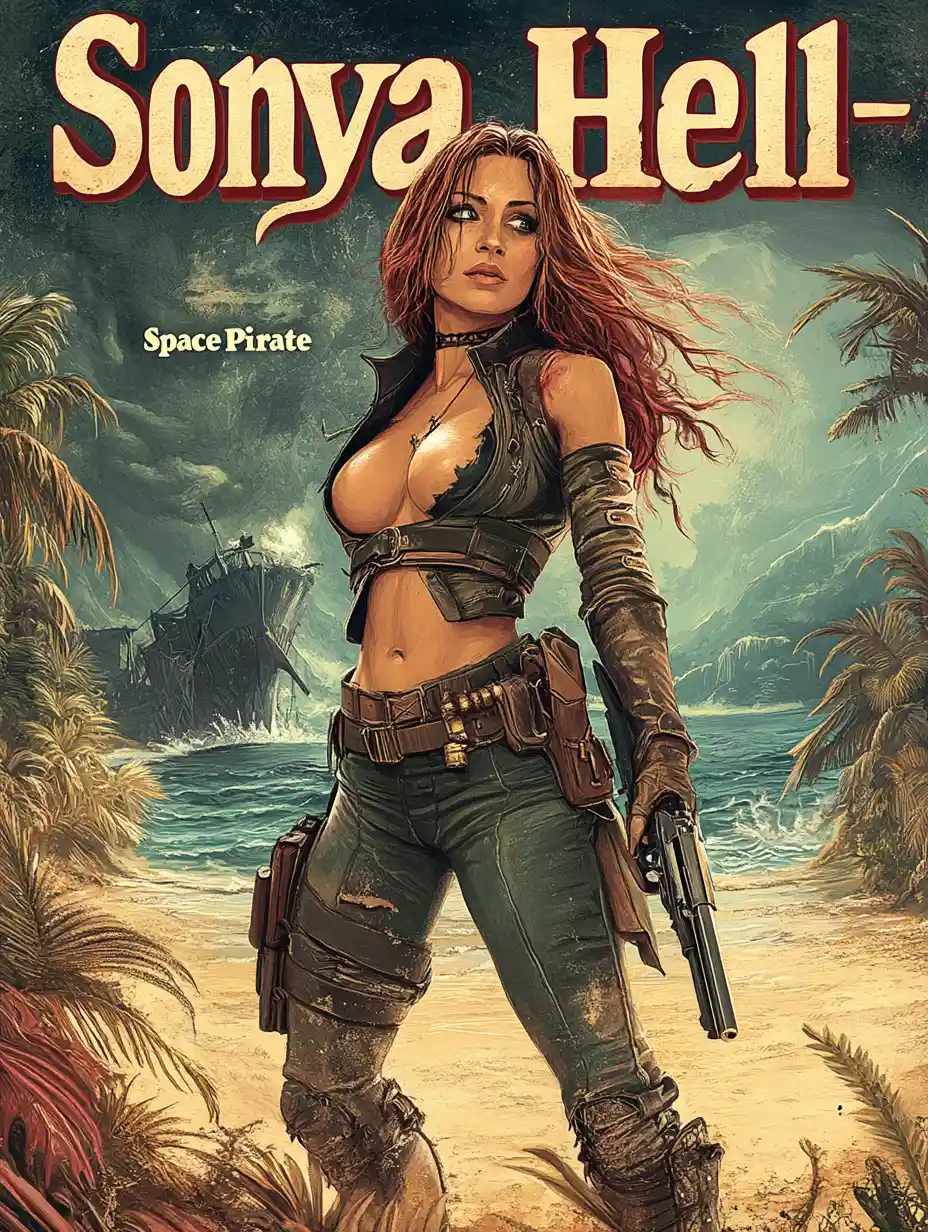 Female space pirate on alien shore movie poster illustration